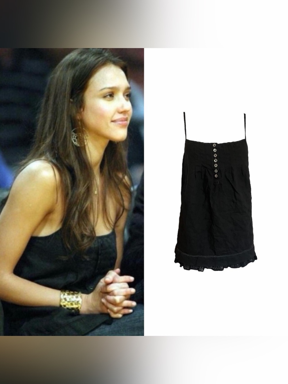 Linen Button-Up Pleated Lace Trim Camisole As Seen On Jessica Alba